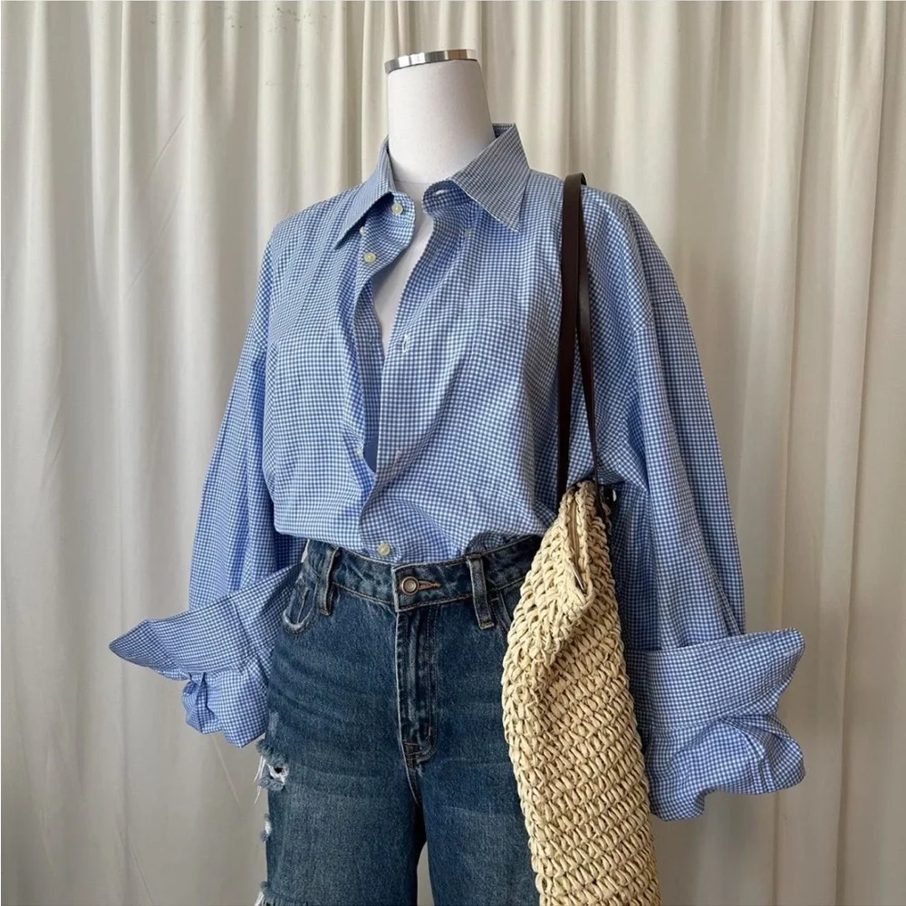 Peter Millar Blue Mini Gingham Check Cotton Button-down shirt. - Picture 4 of 7